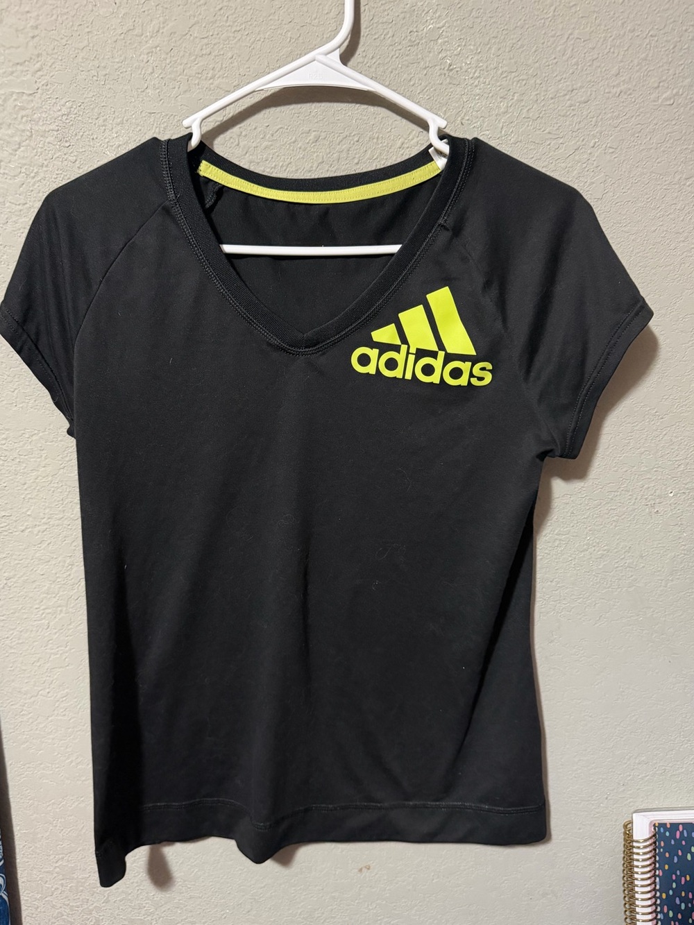 Adidas Women’s Black V‑Neck Tee with Neon Yellow Logo Accent